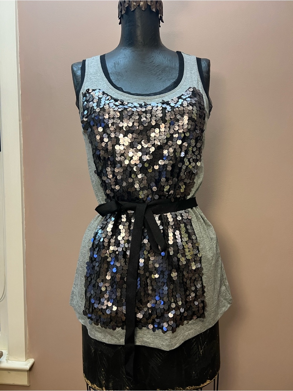 Grey Chunky Sequin Tunic Dress Tank Top Ribbon Belt Size Petite M Kesha Party